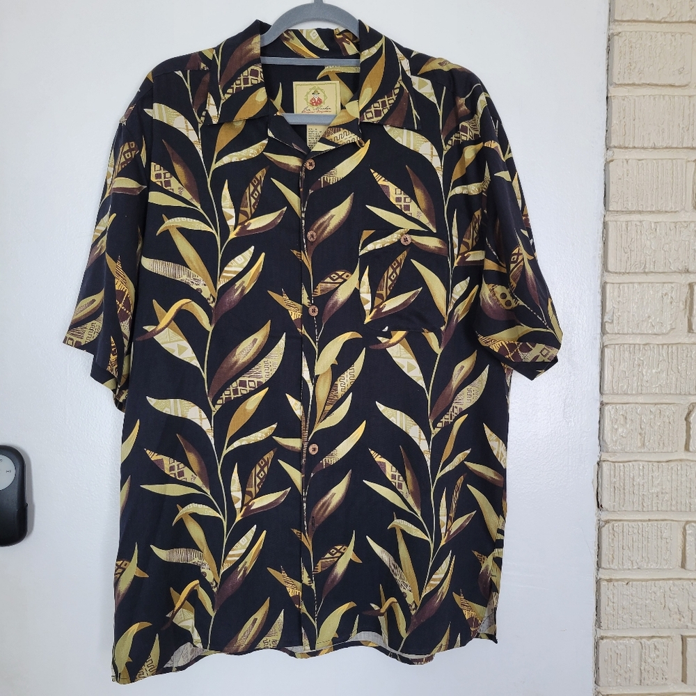 Joe Marlin Hawaiian Shirt Mens M Black & Brown Short Sleeve 100% Silk Button Up